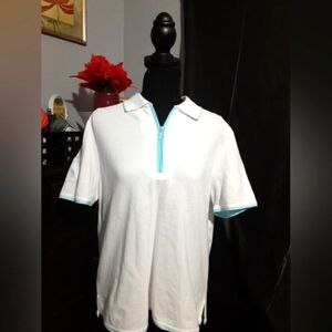 Draper & Damon's Women's Top Mid Zip Short Sleeve White Aqua Size Small